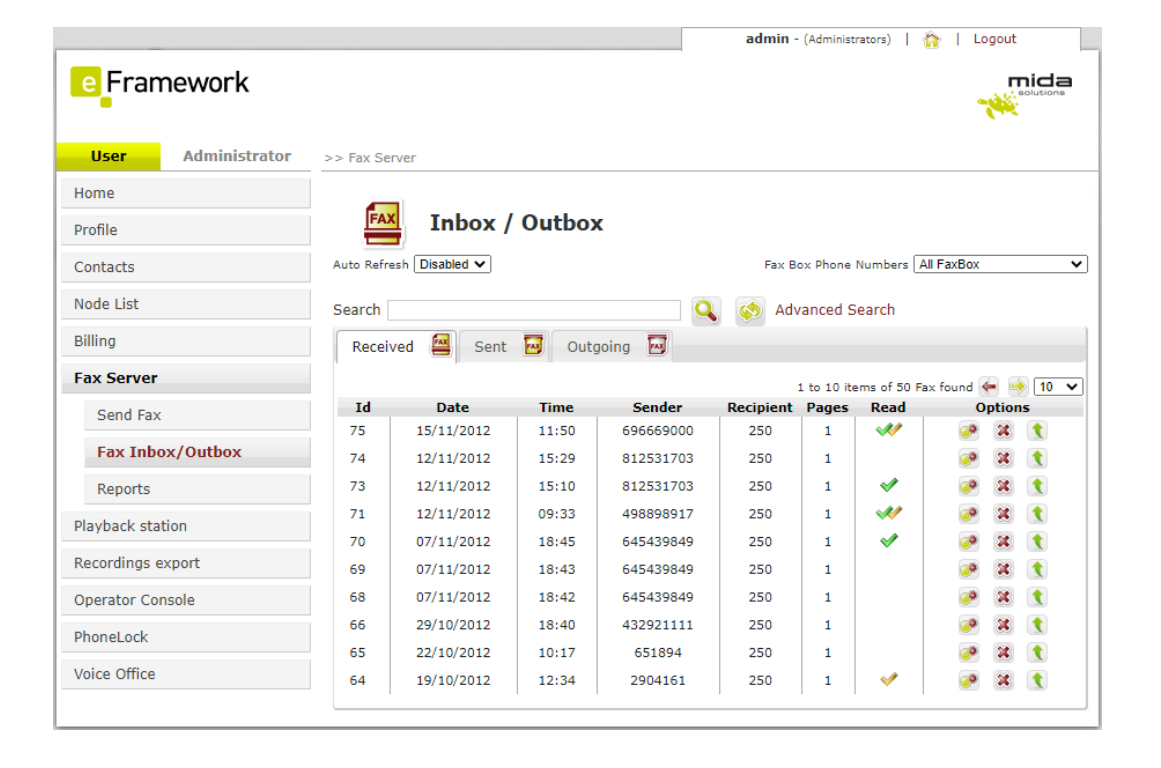screenshot of Mida FAX Server